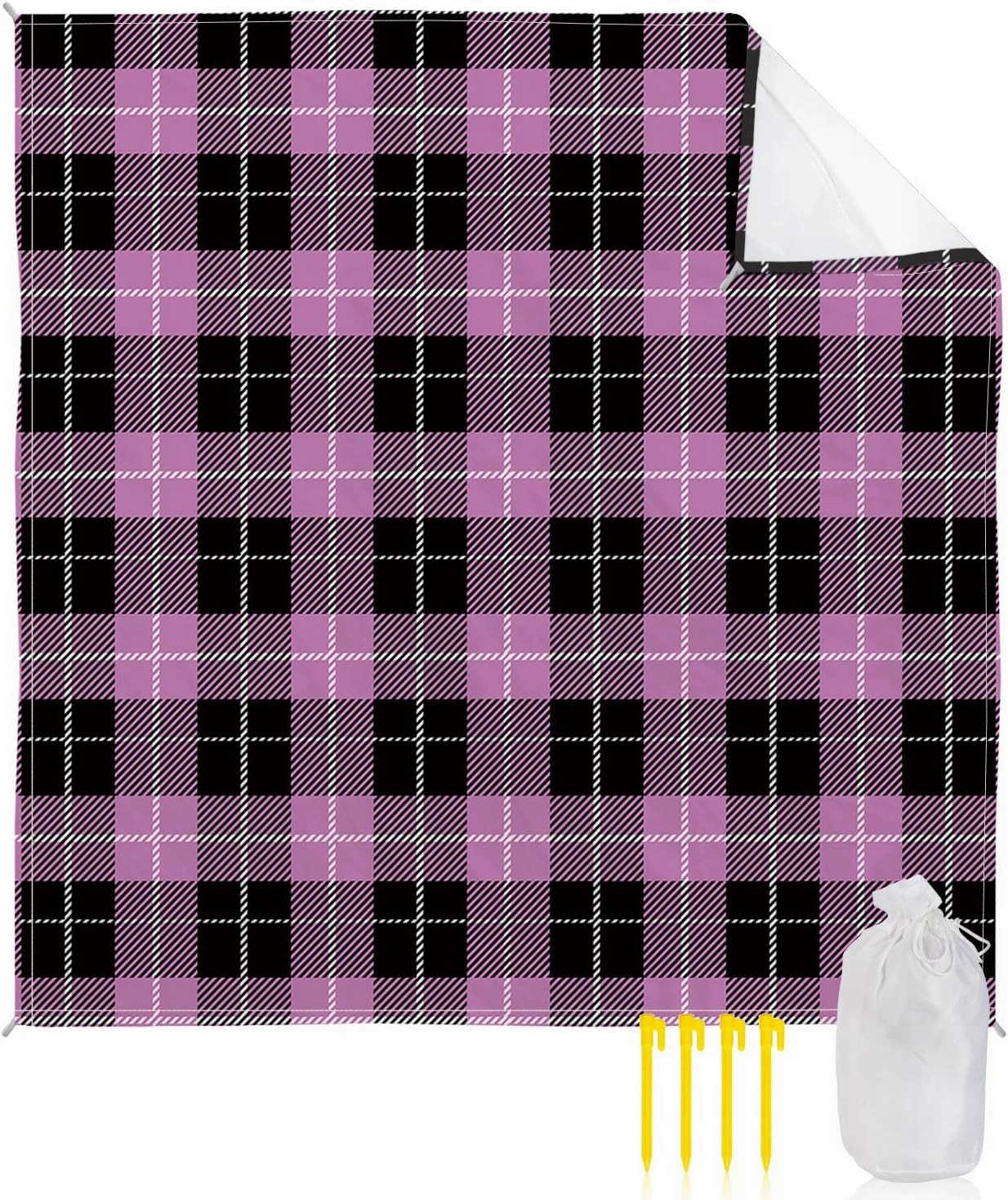 Beach Blanket Sandproof, Pink Black Buffalo Lattice Waterproof Beach Mat Lightweight Quick Drying Picnic Blanket Beach Essentials for Travel Camping Hiking 108x84in