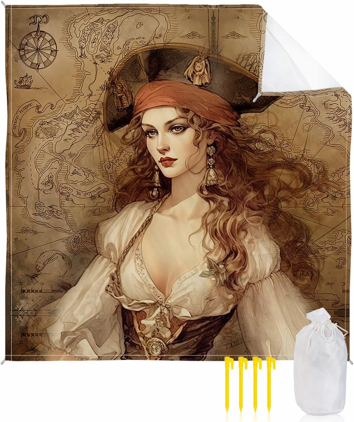 Beach Blanket Sandproof, Pirate Girl Treasure Route Map Waterproof Beach Mat Lightweight Quick Drying Picnic Blanket Beach Essentials for Travel Camping Hiking 95x80in