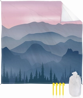 Beach Blanket Sandproof, Purple Sky Tall Mountains Trees Silhouette Waterproof Beach Mat Lightweight Quick Drying Picnic Blanket Beach Essentials for Travel Camping Hiking 83x79in