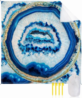 Beach Blanket Sandproof, Retro Abstract Blue White Agate Texture Waterproof Beach Mat Lightweight Quick Drying Picnic Blanket Beach Essentials for Travel Camping Hiking 83x79in