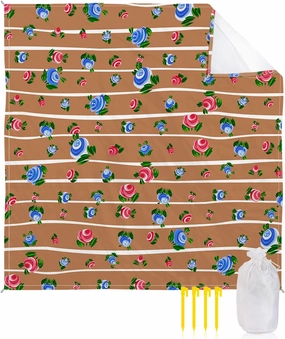 Beach Blanket Sandproof, Spring Flowers with Leaves Brown Stripe Waterproof Beach Mat Lightweight Quick Drying Picnic Blanket Beach Essentials for Travel Camping Hiking 83x79in