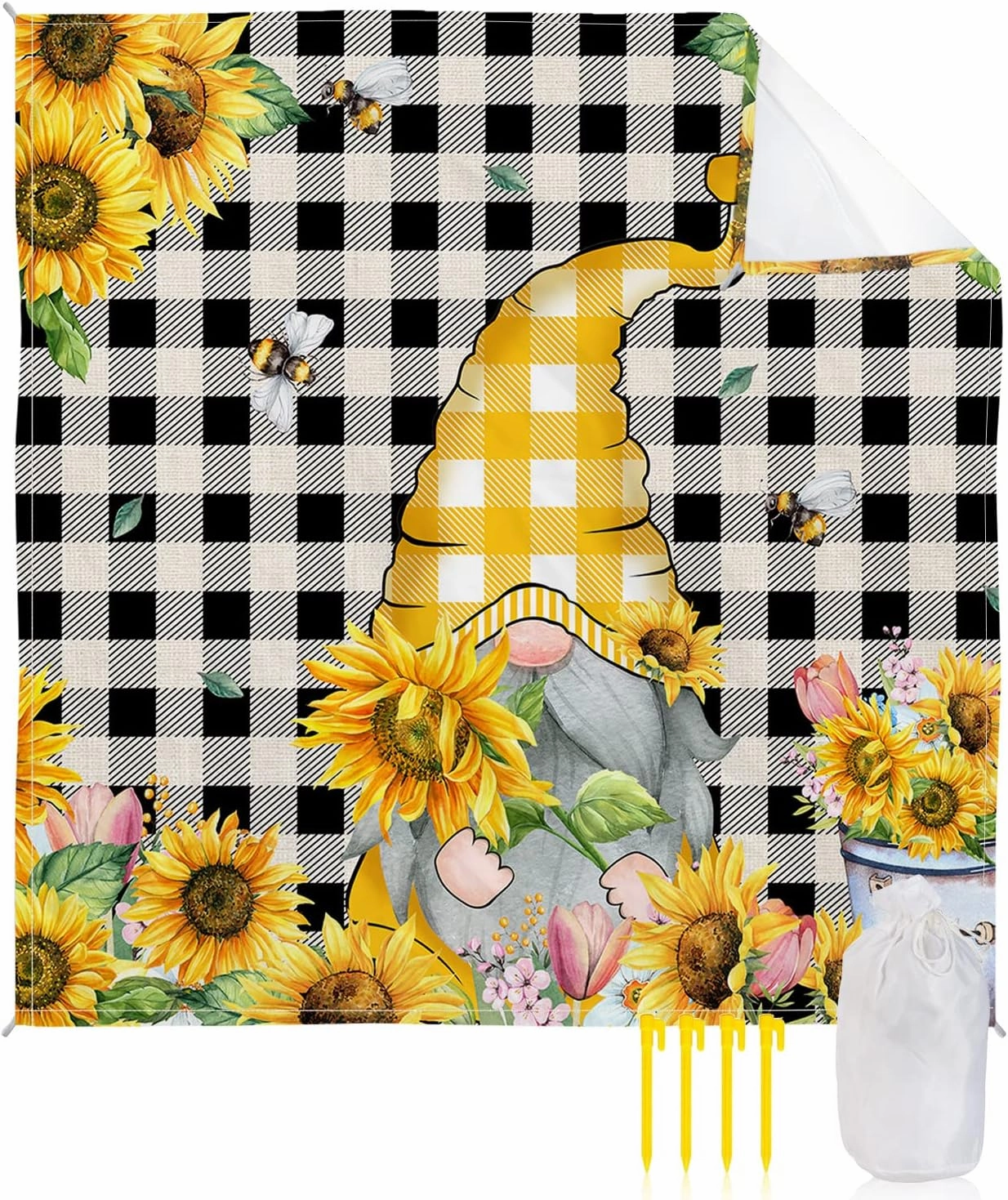 Beach Blanket Sandproof, Sunflower Gnome Bees Flowers Vintage Black Plaid Waterproof Beach Mat Lightweight Quick Drying Picnic Blanket Beach Essentials for Travel Camping Hiking 108x84in