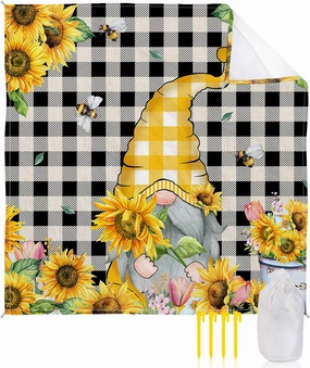 Beach Blanket Sandproof, Sunflower Gnome Bees Flowers Vintage Black Plaid Waterproof Beach Mat Lightweight Quick Drying Picnic Blanket Beach Essentials for Travel Camping Hiking 108x84in