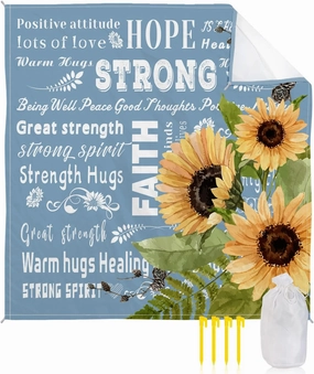 Beach Blanket Sandproof, Sunflower Inspirational Quotes Blue Waterproof Beach Mat Lightweight Quick Drying Picnic Blanket Beach Essentials for Travel Camping Hiking 95x80in