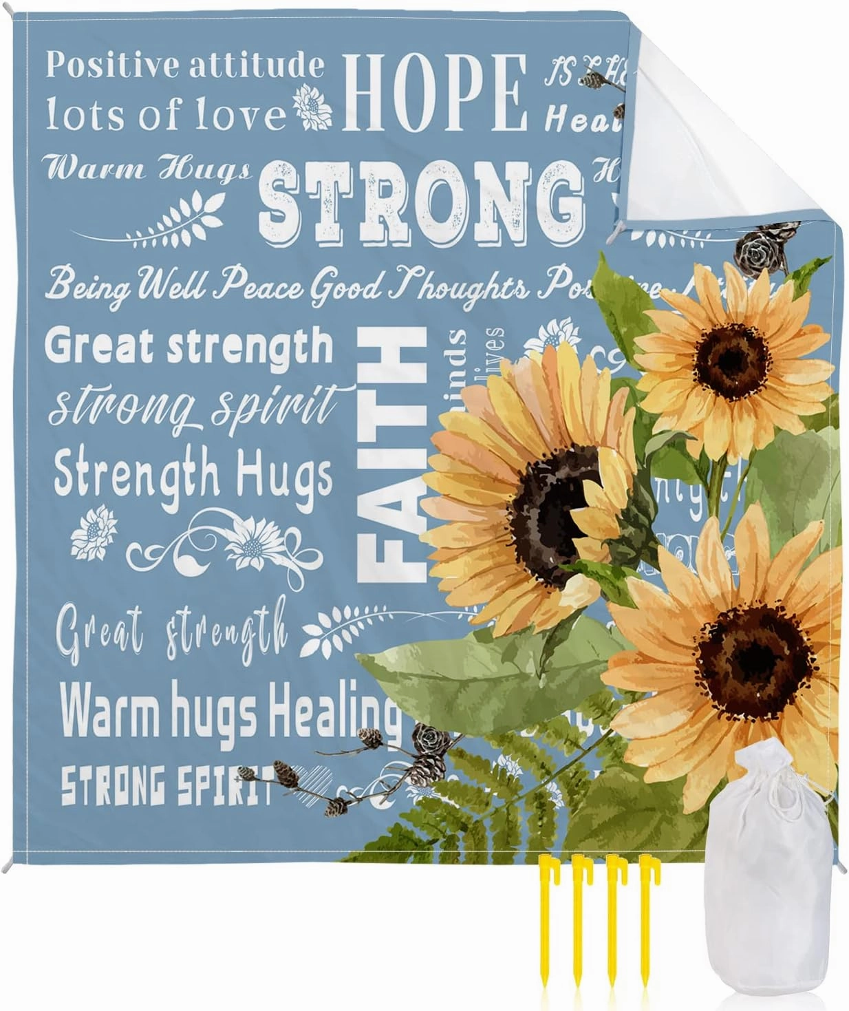 Beach Blanket Sandproof, Sunflower Inspirational Quotes Blue Waterproof Beach Mat Lightweight Quick Drying Picnic Blanket Beach Essentials for Travel Camping Hiking 95x80in