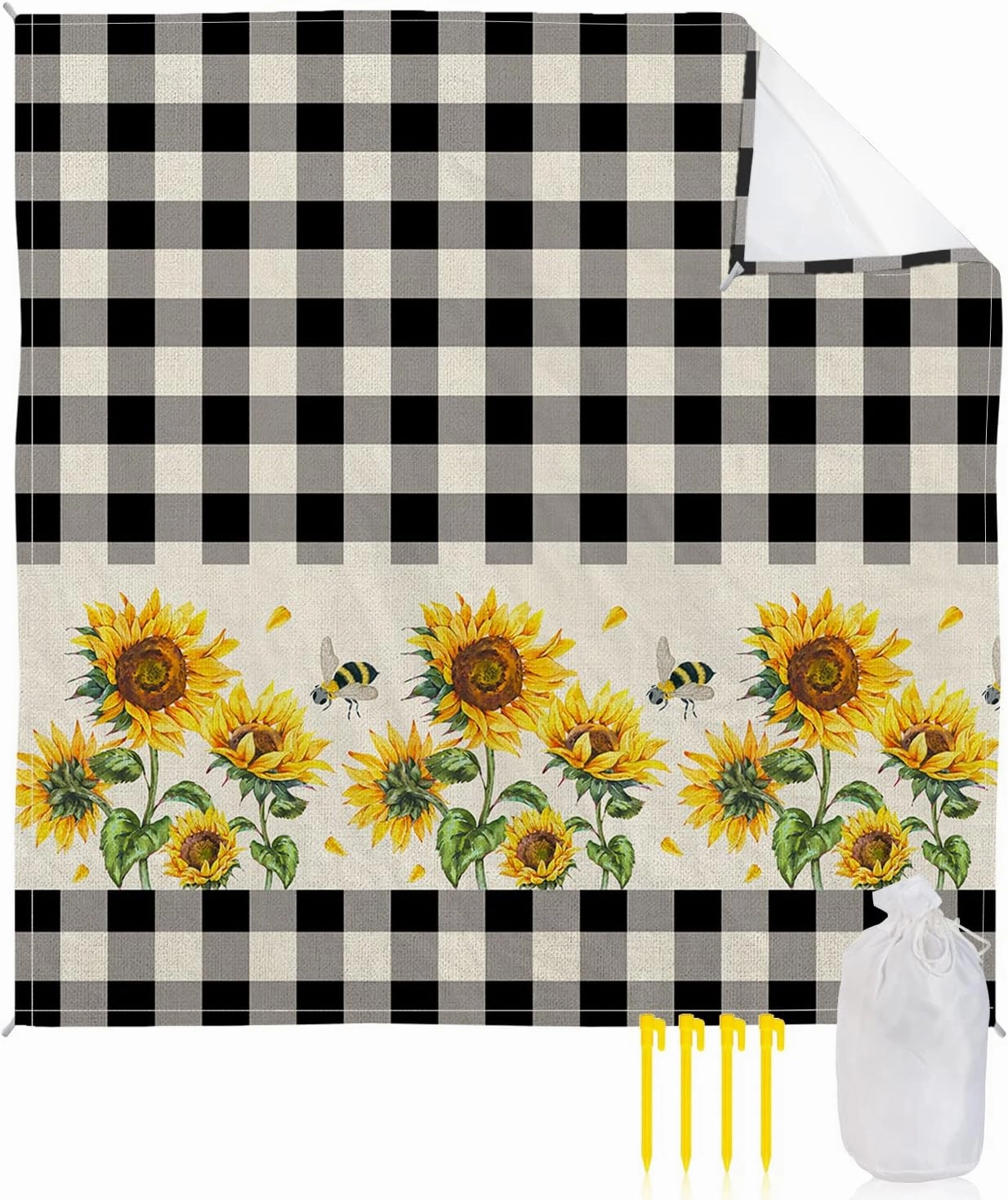 Beach Blanket Sandproof, Sunflower Summer Farm Style Rustic Black White Buffalo Plaid Waterproof Beach Mat Lightweight Quick Drying Picnic Blanket Beach Essentials for Travel Camping Hiking 83x79in