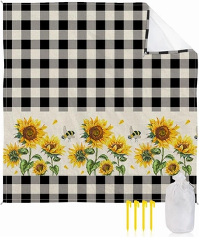 Beach Blanket Sandproof, Sunflower Summer Farm Style Rustic Black White Buffalo Plaid Waterproof Beach Mat Lightweight Quick Drying Picnic Blanket Beach Essentials for Travel Camping Hiking 83x79in