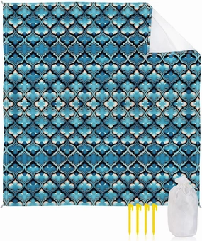 Beach Blanket Sandproof, Teal Gradient Abstract Flowers Geometric Texture Waterproof Beach Mat Lightweight Quick Drying Picnic Blanket Beach Essentials for Travel Camping Hiking 118x108in