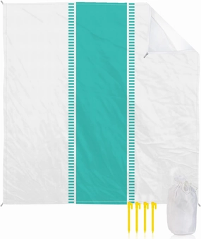 Beach Blanket Sandproof, Teal Green White Stripes Minimalist Simple Pattern Waterproof Beach Mat Lightweight Quick Drying Picnic Blanket Beach Essentials for Travel Camping Hiking 108x84in