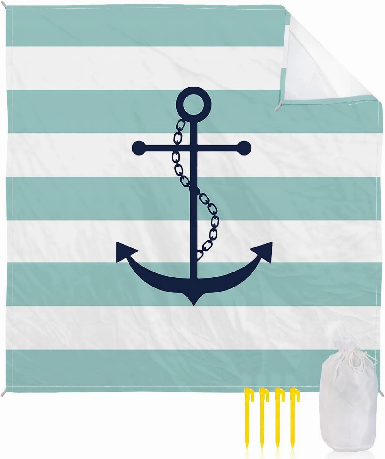 Beach Blanket Sandproof, Turquoise Nautical Anchor Geometric Stripes Pattern Waterproof Beach Mat Lightweight Quick Drying Picnic Blanket Beach Essentials for Travel Camping Hiking 108x84in