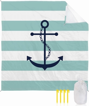 Beach Blanket Sandproof, Turquoise Nautical Anchor Geometric Stripes Pattern Waterproof Beach Mat Lightweight Quick Drying Picnic Blanket Beach Essentials for Travel Camping Hiking 108x84in