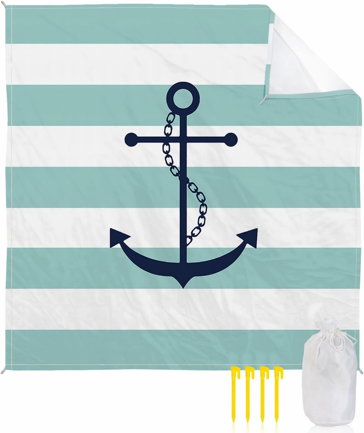 Beach Blanket Sandproof, Turquoise Nautical Anchor Geometric Stripes Pattern Waterproof Beach Mat Lightweight Quick Drying Picnic Blanket Beach Essentials for Travel Camping Hiking 118x108in