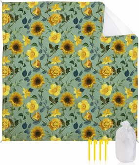 Beach Blanket Sandproof, Vintage Sunflowers Yellow Flowers Green Background Waterproof Beach Mat Lightweight Quick Drying Picnic Blanket Beach Essentials for Travel Camping Hiking 83x79in