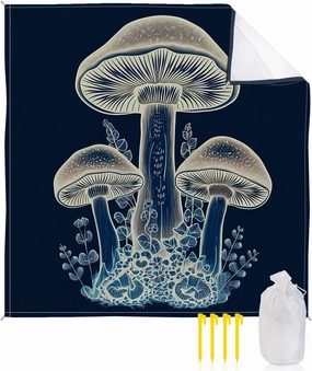 Beach Blanket Sandproof, Wild Plants Mushroom Leaves Navy Blue Waterproof Beach Mat Lightweight Quick Drying Picnic Blanket Beach Essentials for Travel Camping Hiking 95x80in