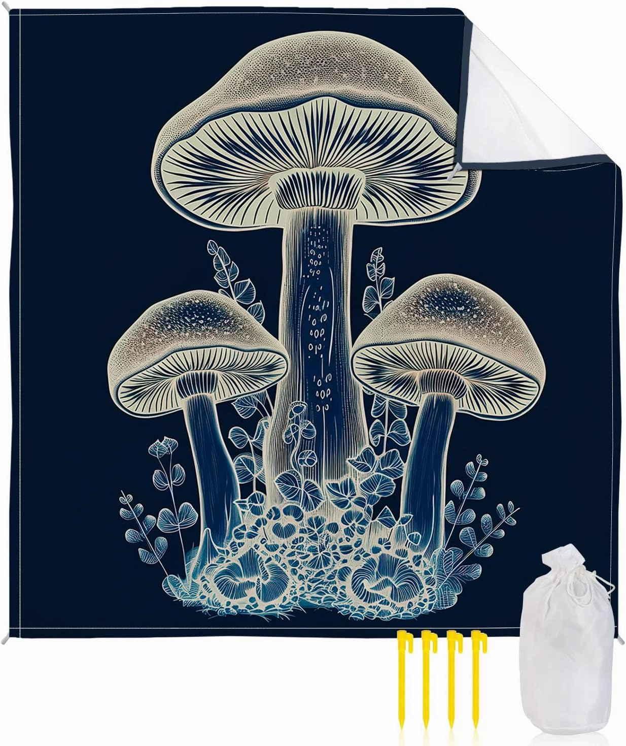 Beach Blanket Sandproof, Wild Plants Mushroom Leaves Navy Blue Waterproof Beach Mat Lightweight Quick Drying Picnic Blanket Beach Essentials for Travel Camping Hiking 95x80in