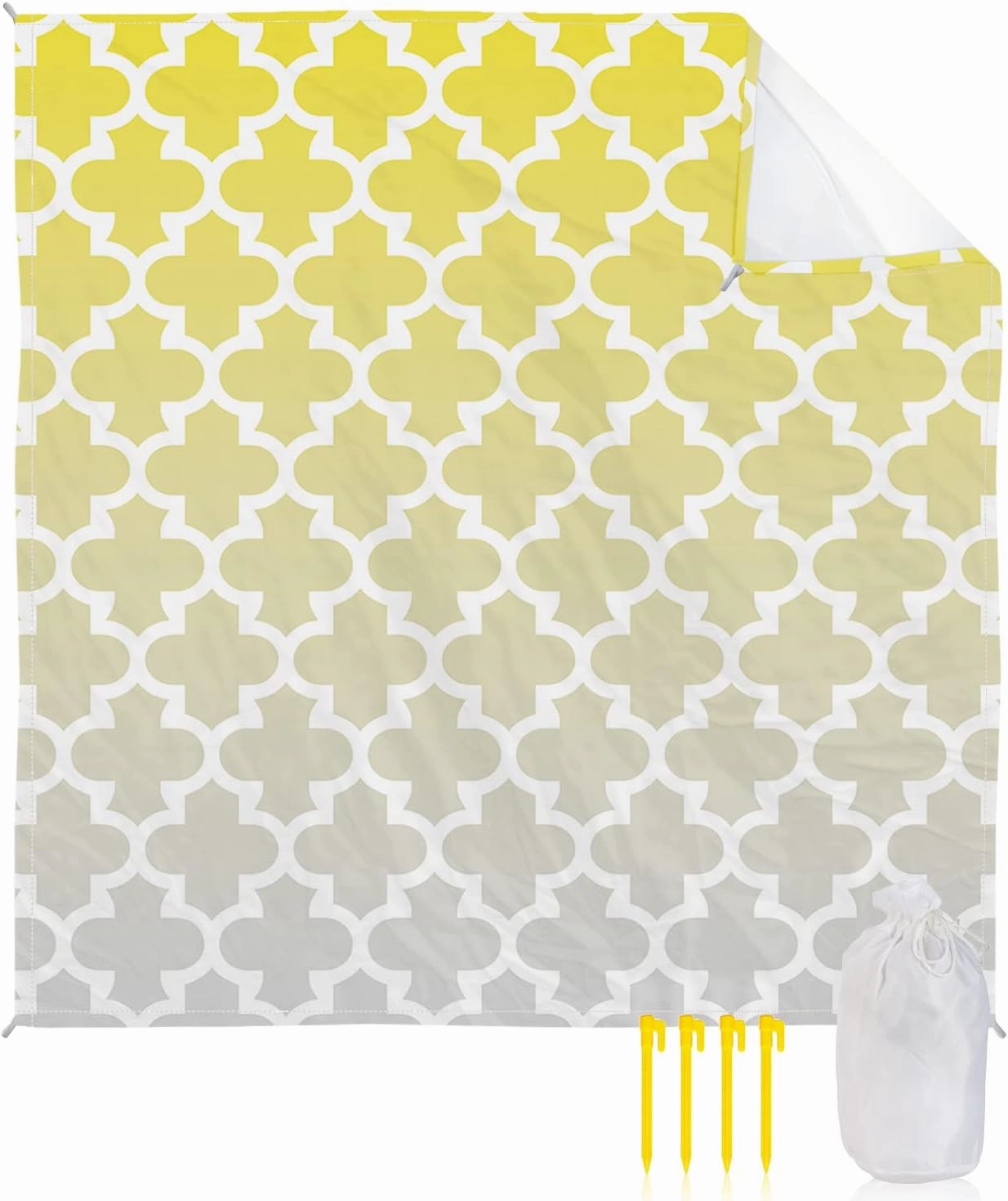 Beach Blanket Sandproof, Yellow Grey Gradient Retro Morocco Pattern Waterproof Beach Mat Lightweight Quick Drying Picnic Blanket Beach Essentials for Travel Camping Hiking 118x108in
