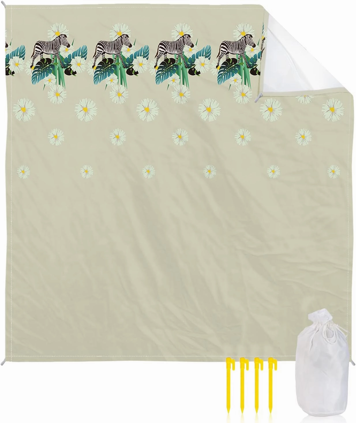 Beach Blanket Sandproof, Zebra Tropical Jungle Flowers Light Green Waterproof Beach Mat Lightweight Quick Drying Picnic Blanket Beach Essentials for Travel Camping Hiking 95x80in