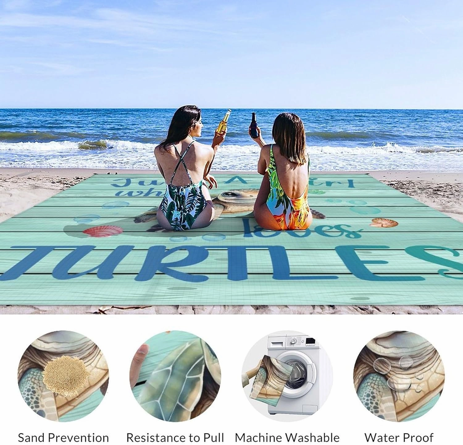 Beach Blanket Waterproof Sandproof - Turtle Picnic Blanket - 110”x118” Beach Mats with Sand Pockets - Lightweight Outdoor Blanket for Camping & Travel - Polyester Sand Free Mat with Portable Mesh Bag