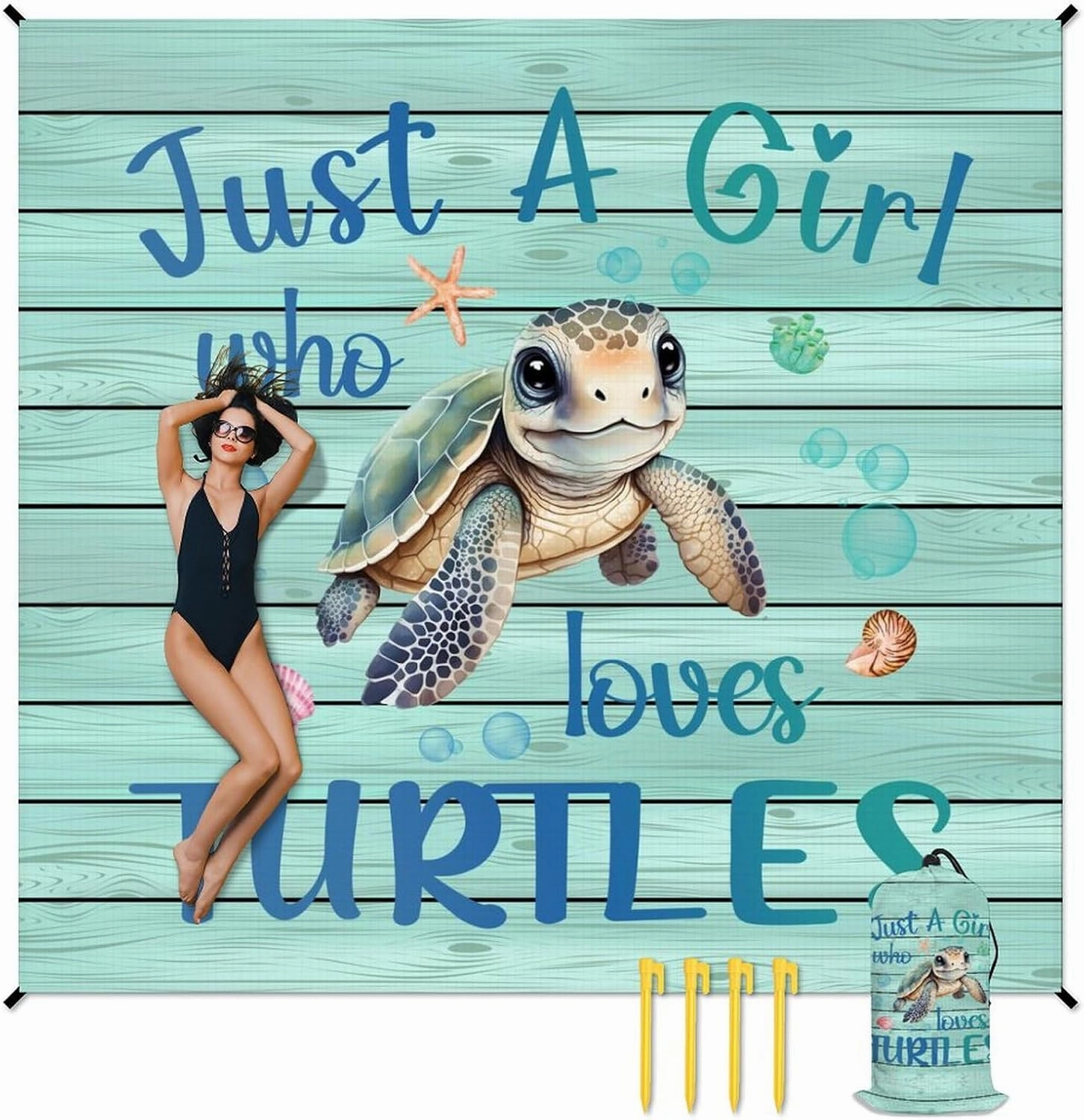 Beach Blanket Waterproof Sandproof - Turtle Picnic Blanket - 110”x118” Beach Mats with Sand Pockets - Lightweight Outdoor Blanket for Camping & Travel - Polyester Sand Free Mat with Portable Mesh Bag