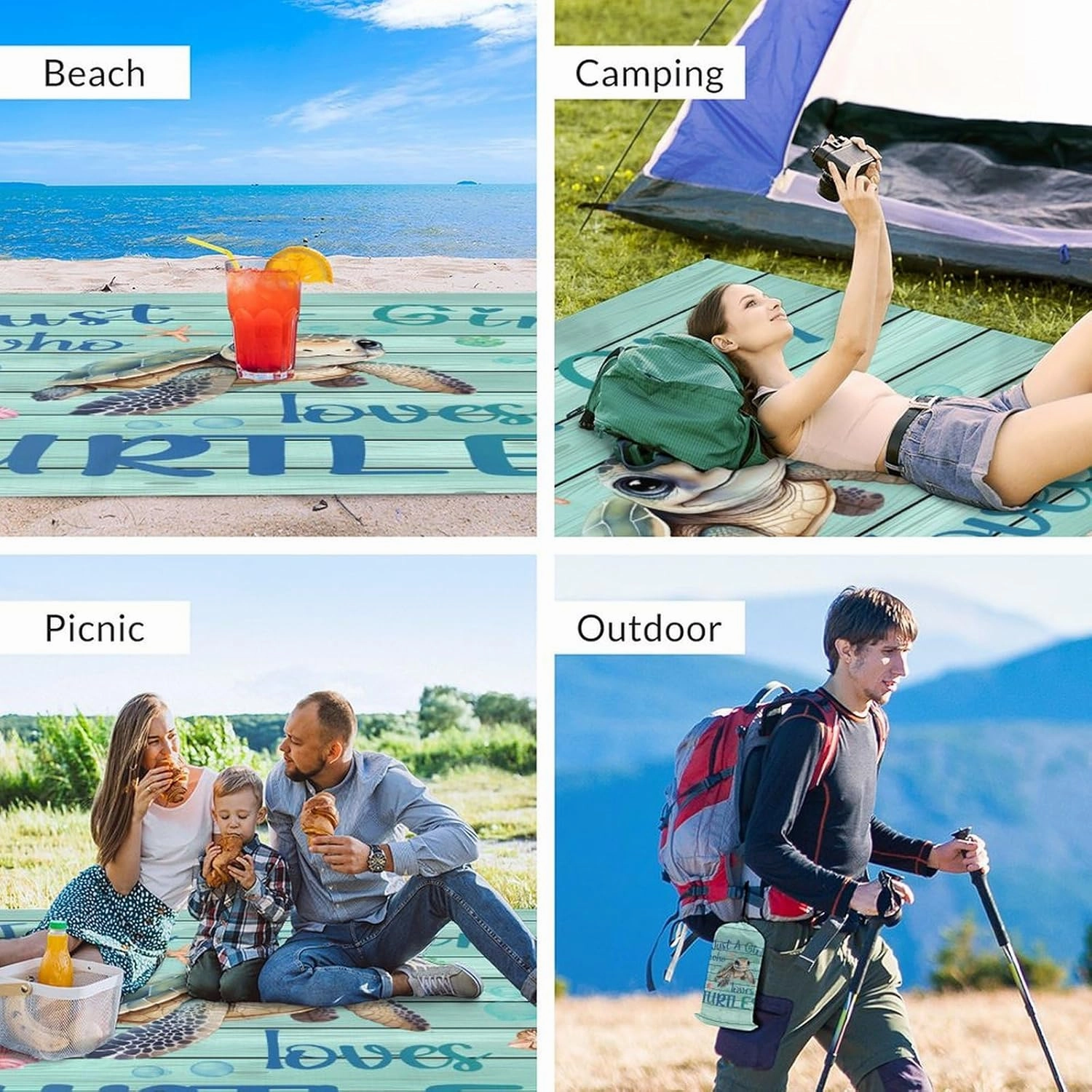 Beach Blanket Waterproof Sandproof - Turtle Picnic Blanket - 110”x118” Beach Mats with Sand Pockets - Lightweight Outdoor Blanket for Camping & Travel - Polyester Sand Free Mat with Portable Mesh Bag