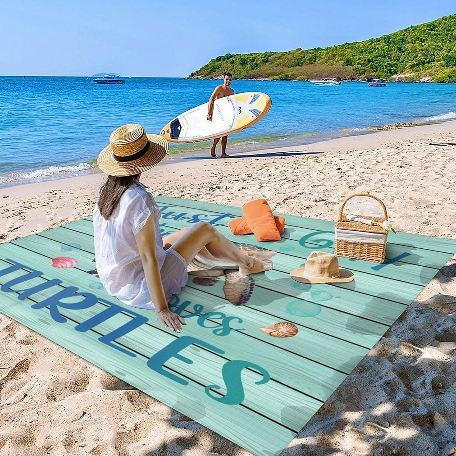 Beach Blanket Waterproof Sandproof - Turtle Picnic Blanket - 110”x118” Beach Mats with Sand Pockets - Lightweight Outdoor Blanket for Camping & Travel - Polyester Sand Free Mat with Portable Mesh Bag