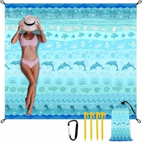 Beach Blanket Waterproof Sandproof Extra Large 8 Ft X 7 Ft for 4 Adults Oversized Sand Free Beach Mat with 4 Corner Pockets and Stakes Portable for Beach Picnic Travel Camping Outdoor (Blue)