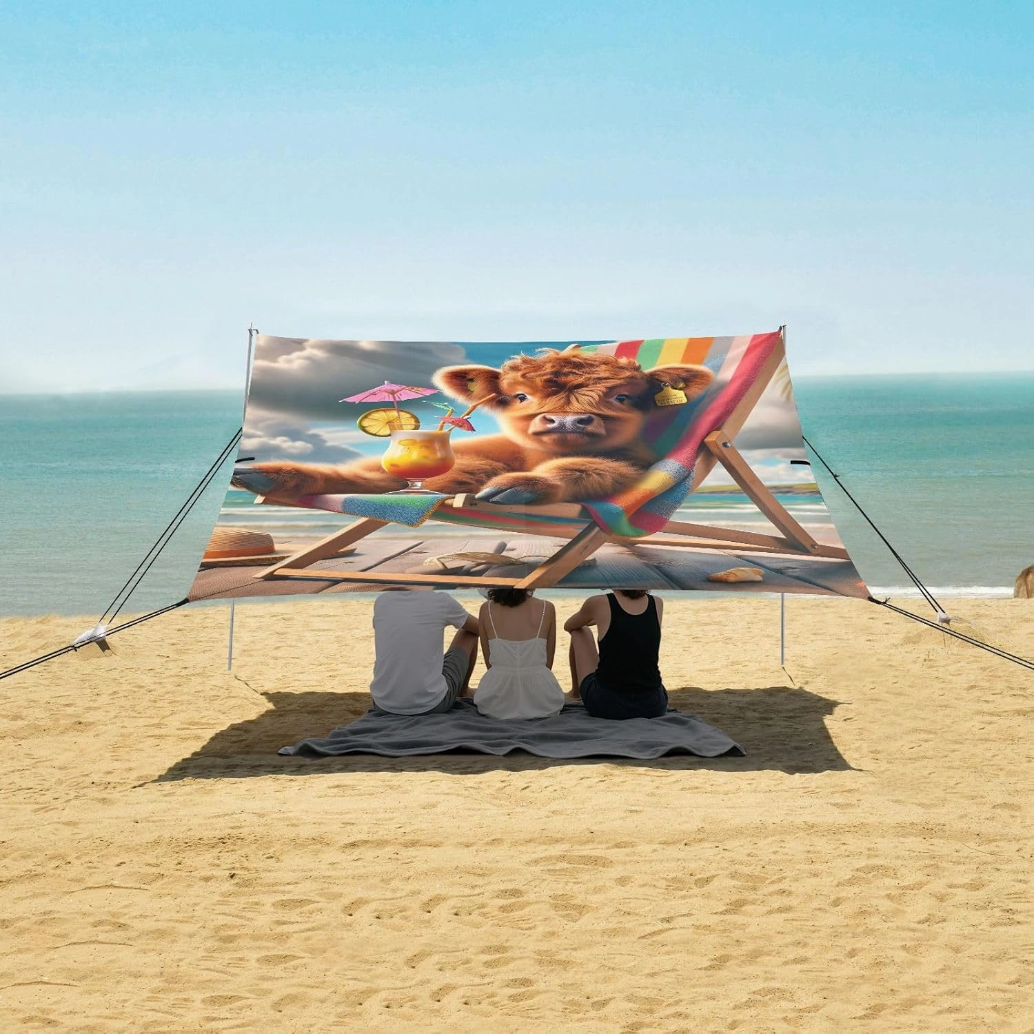 Beach Canopy Tent Outdoor Patio Shade Cute 9.2 × 10.5 FT Cute Highland Cow Holiday Portable Camping Shelter Outside Windproof with Poles Sandbags Easy