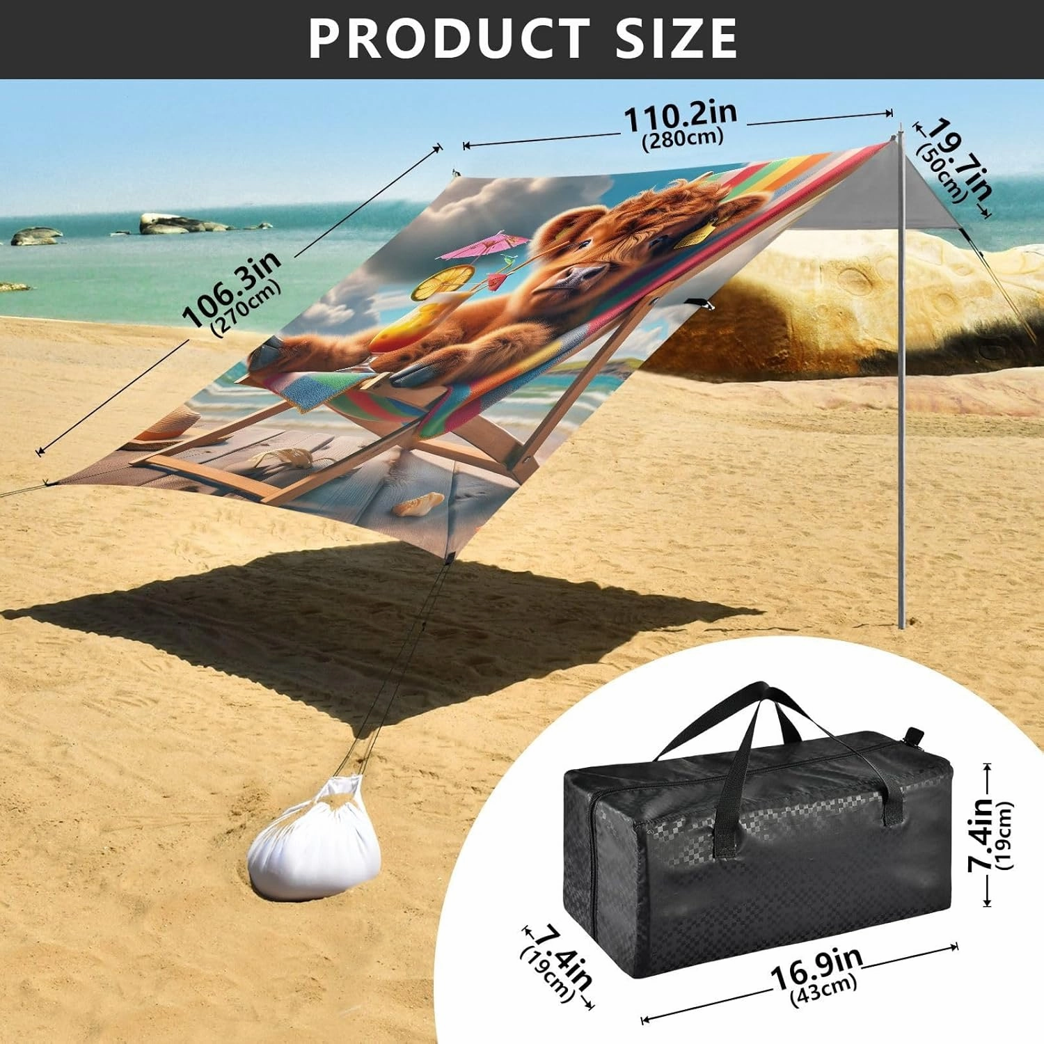 Beach Canopy Tent Outdoor Patio Shade Cute 9.2 × 10.5 FT Cute Highland Cow Holiday Portable Camping Shelter Outside Windproof with Poles Sandbags Easy