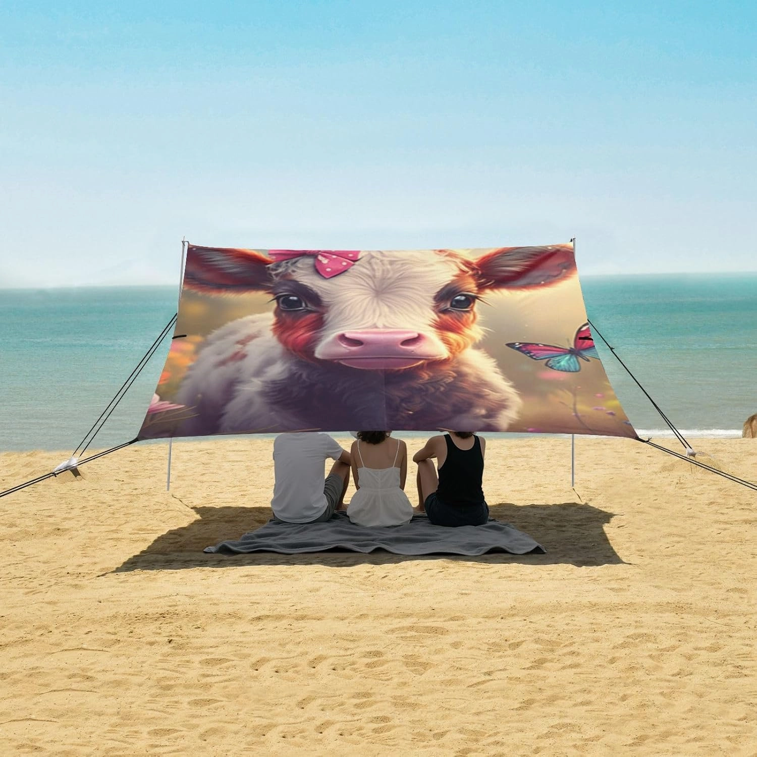 Beach Canopy Tent Sun Shade Outdoor Patio 9.2 × 10.5 FT Decorative Sand Camping Sun Shelter Cute Calf Bow Farm Vibrant Canopies with Sandbags Anchor