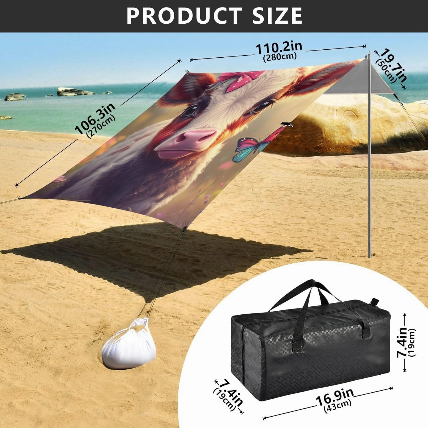 Beach Canopy Tent Sun Shade Outdoor Patio 9.2 × 10.5 FT Decorative Sand Camping Sun Shelter Cute Calf Bow Farm Vibrant Canopies with Sandbags Anchor