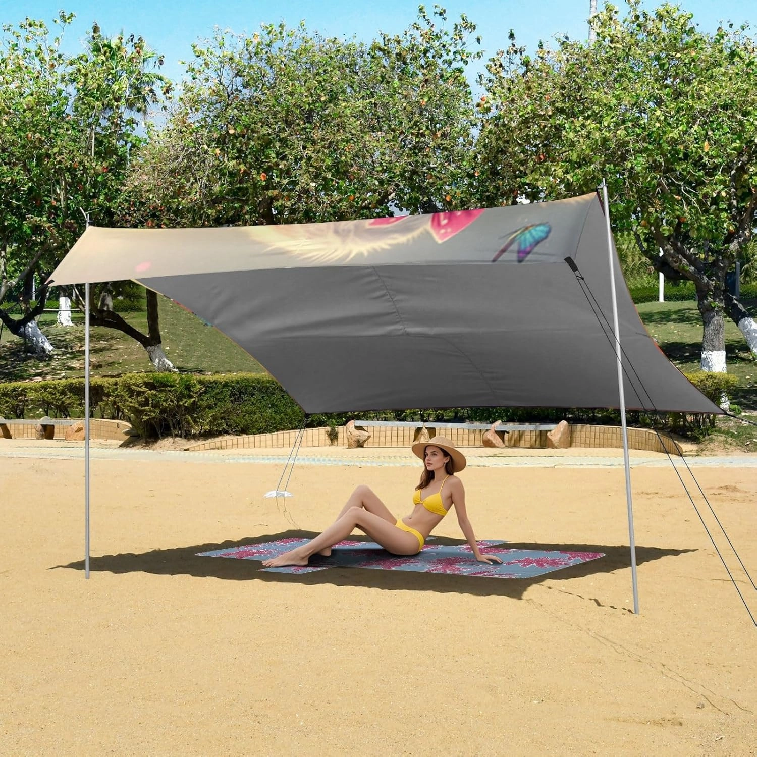 Beach Canopy Tent Sun Shade Outdoor Patio 9.2 × 10.5 FT Decorative Sand Camping Sun Shelter Cute Calf Bow Farm Vibrant Canopies with Sandbags Anchor