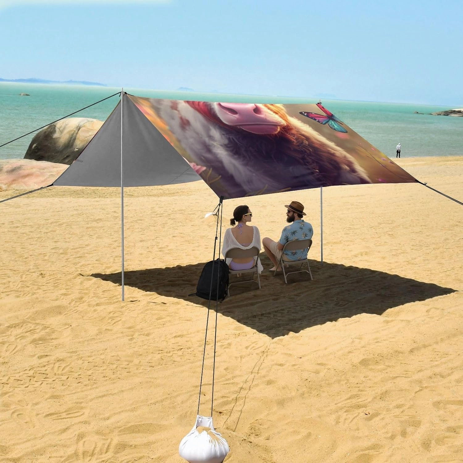Beach Canopy Tent Sun Shade Outdoor Patio 9.2 × 10.5 FT Decorative Sand Camping Sun Shelter Cute Calf Bow Farm Vibrant Canopies with Sandbags Anchor