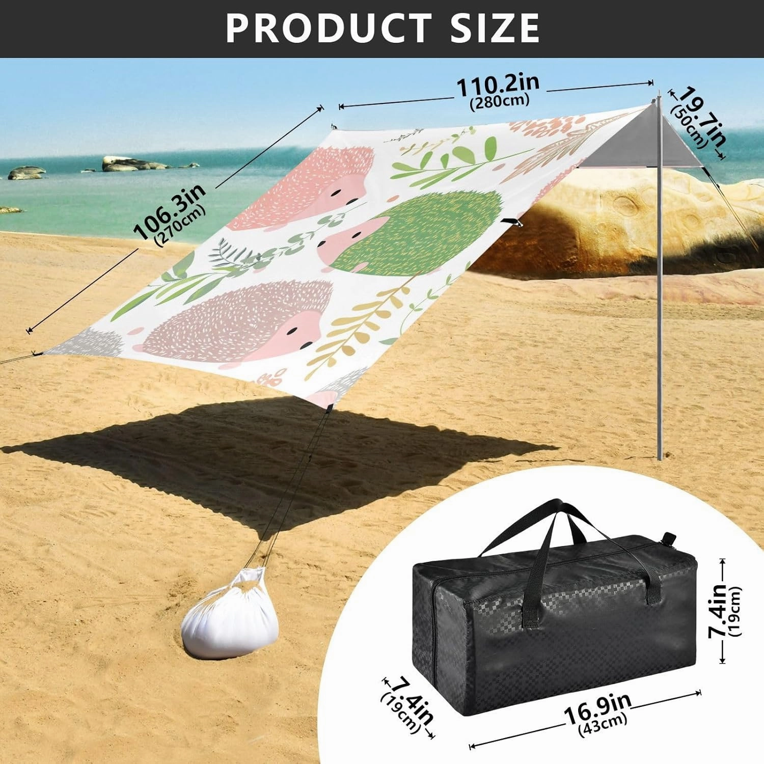 Beach Tent Canopy Outdoor Sun Shade Patio 9.2 × 10.5 FT Funny Camping Sun Shelter Cute Hedgehogs Soft Colors Sunshade with Anchor Poles Easy up