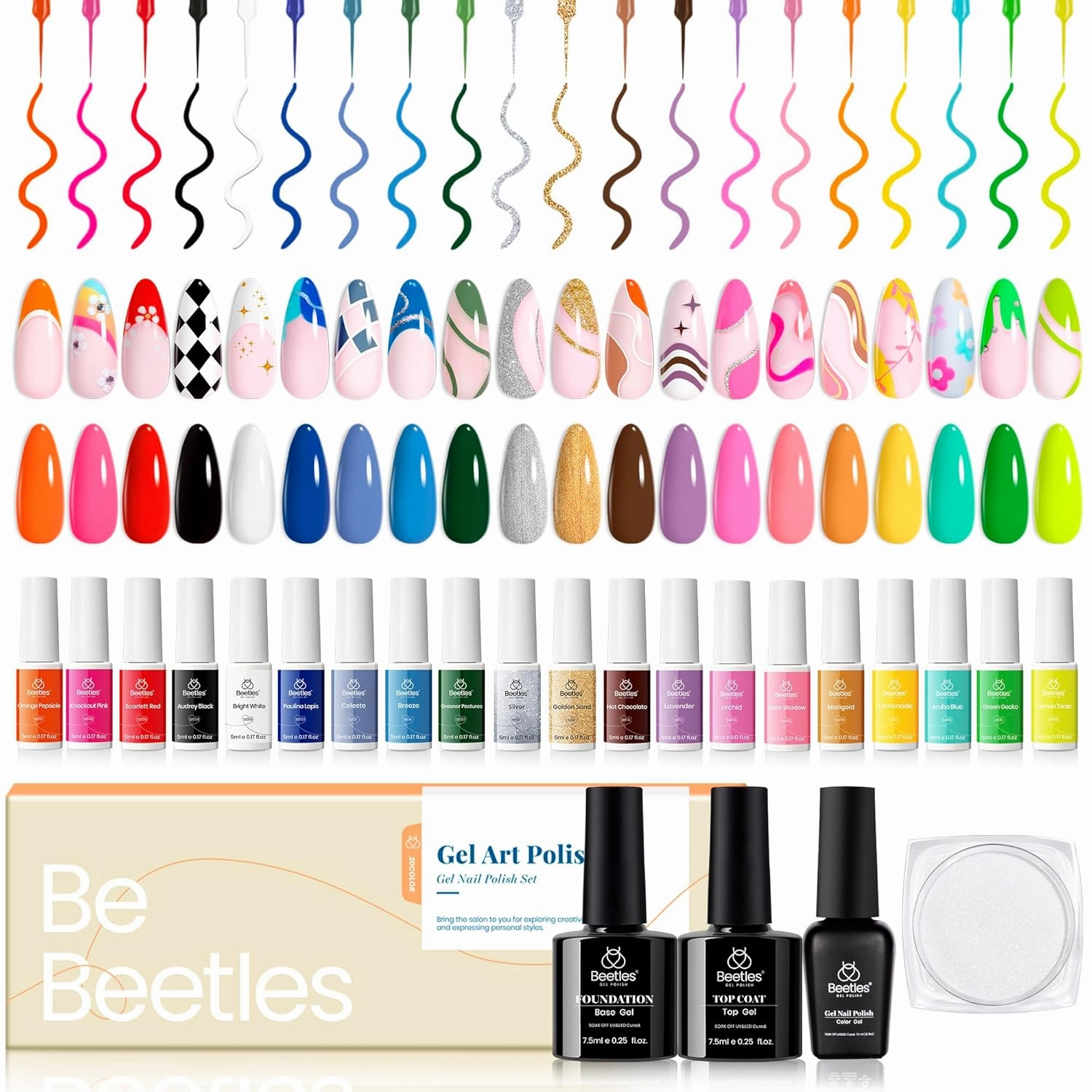 Beetles Gel Liner Nail Art Polish Set Pastel Gel Nail White Gold Red Glitter Neon French Tip Nails Polish Paint Swirl Built Thin Brush in Bottle Soak off Uv Lamp Nails Art Kit Gifts for Women