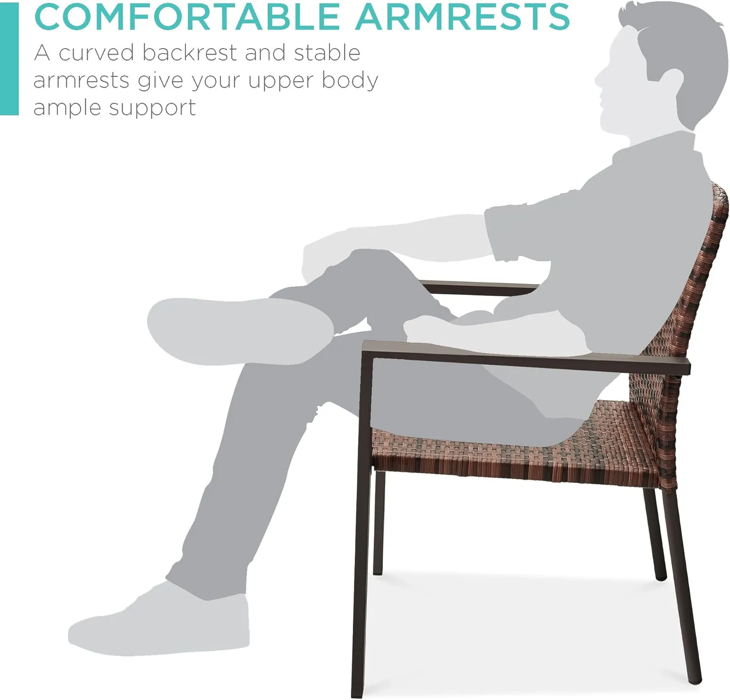 Best Choice Products Set of 2 Stackable Outdoor Wicker Dining Chairs All-Weather Firepit Armchair w/Armrests, Steel Frame for Patio, Deck, Garden, Yard - Light Brown