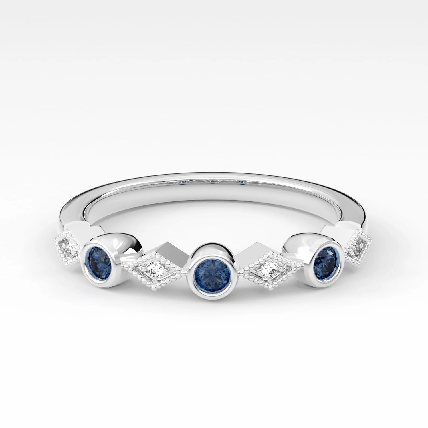 Bezel Set Round Sapphire and Kite Set Diamond Stackable Wedding Band