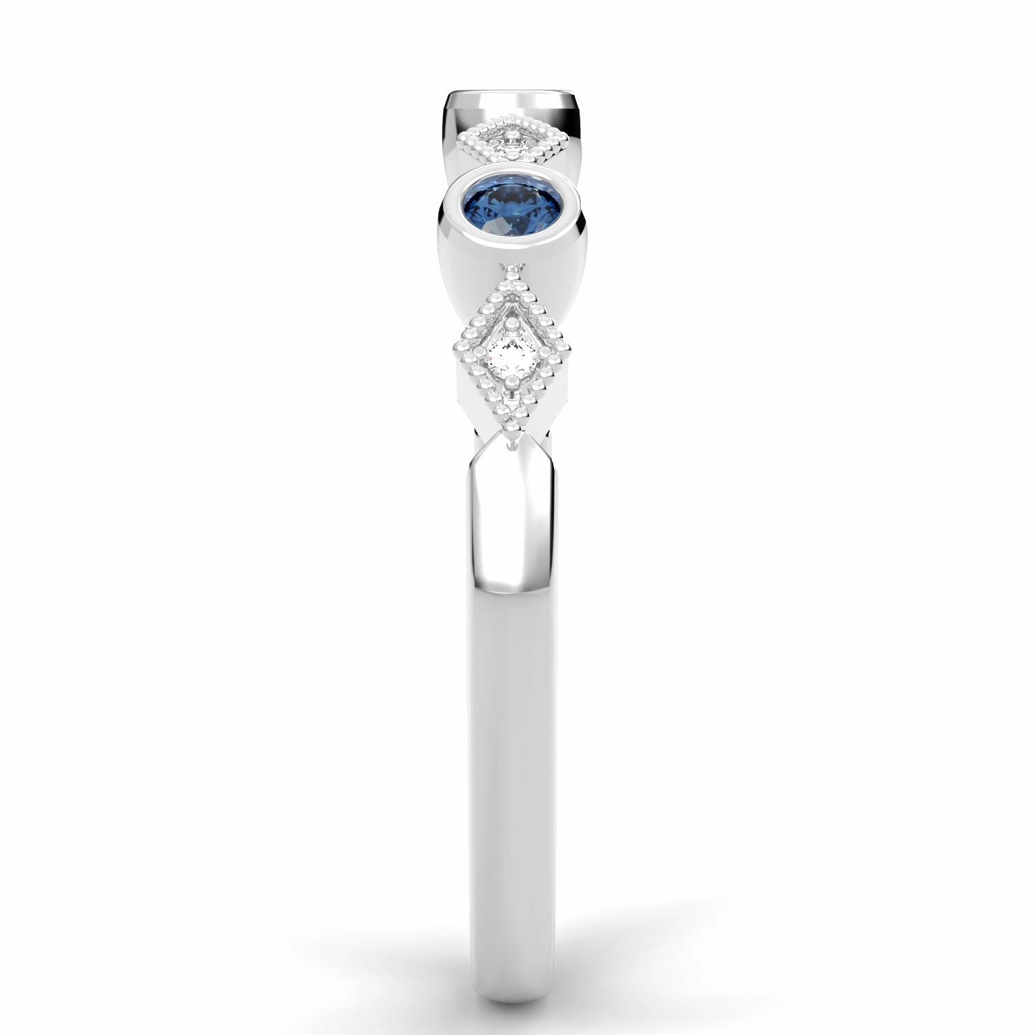 Bezel Set Round Sapphire and Kite Set Diamond Stackable Wedding Band