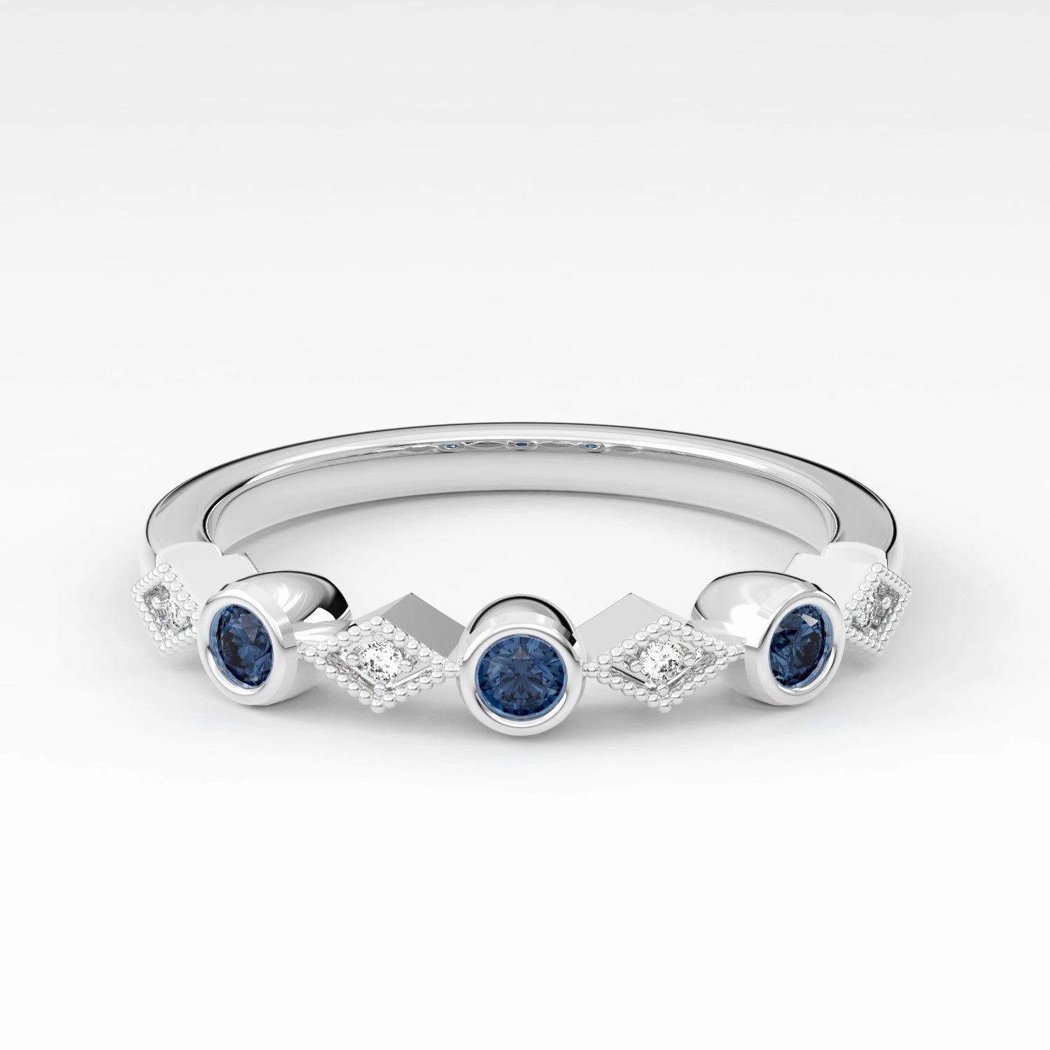 Bezel Set Round Sapphire and Kite Set Diamond Stackable Wedding Band