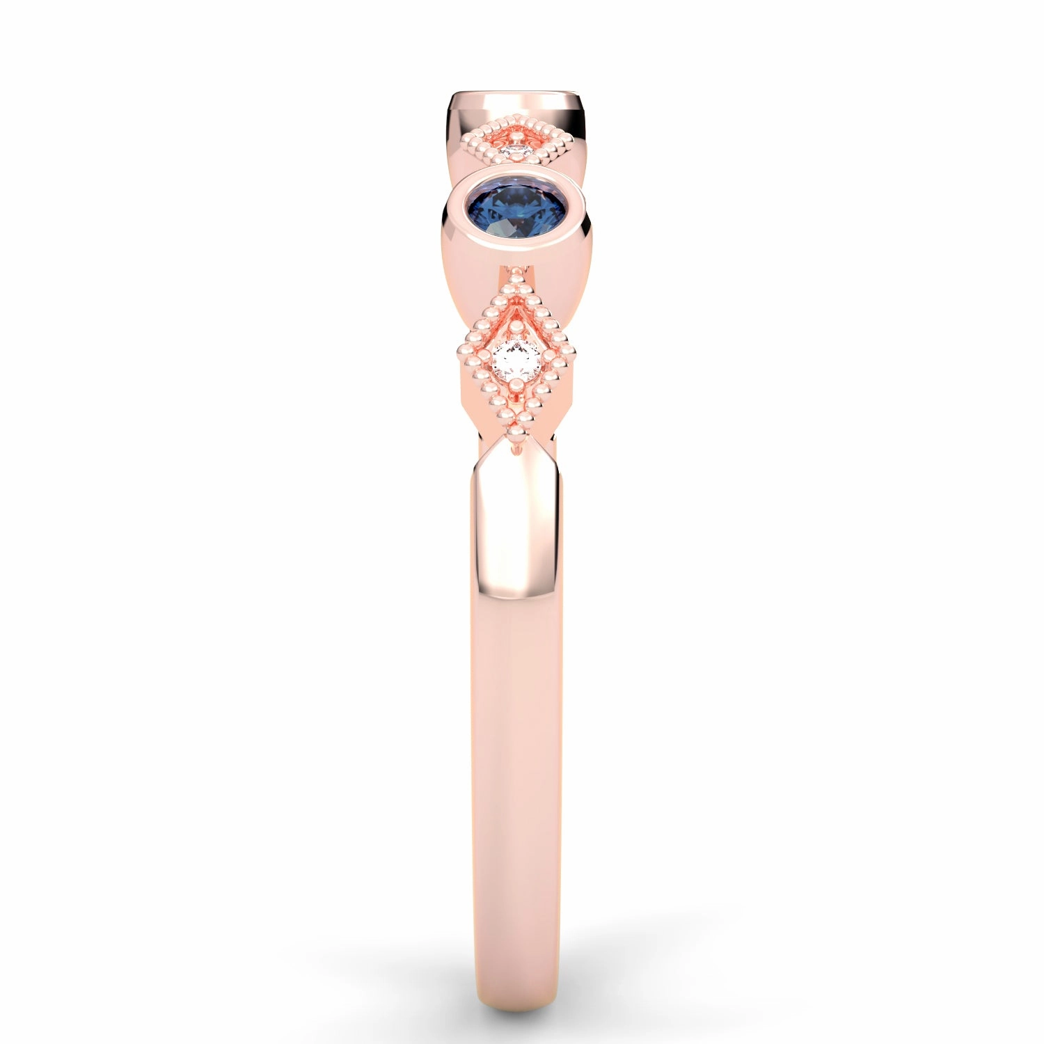 Bezel Set Round Sapphire and Kite Set Diamond Stackable Wedding Band