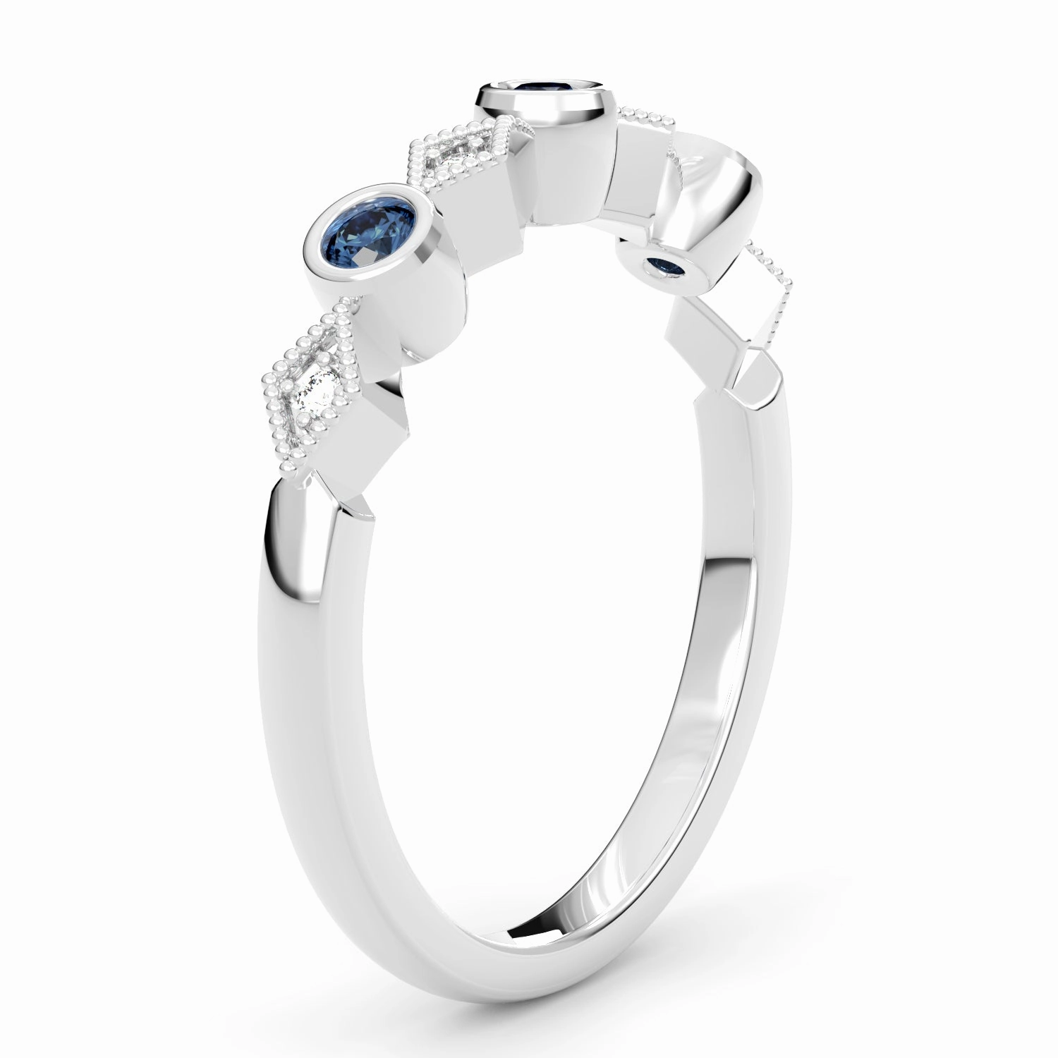 Bezel Set Round Sapphire and Kite Set Diamond Stackable Wedding Band