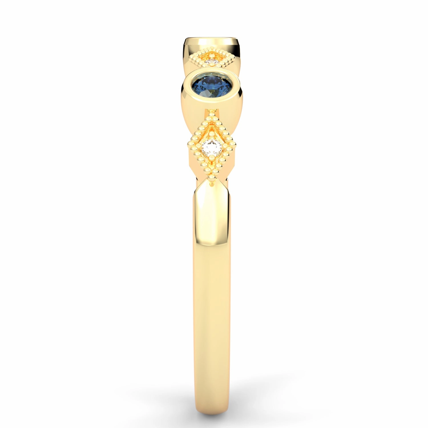Bezel Set Round Sapphire and Kite Set Diamond Stackable Wedding Band