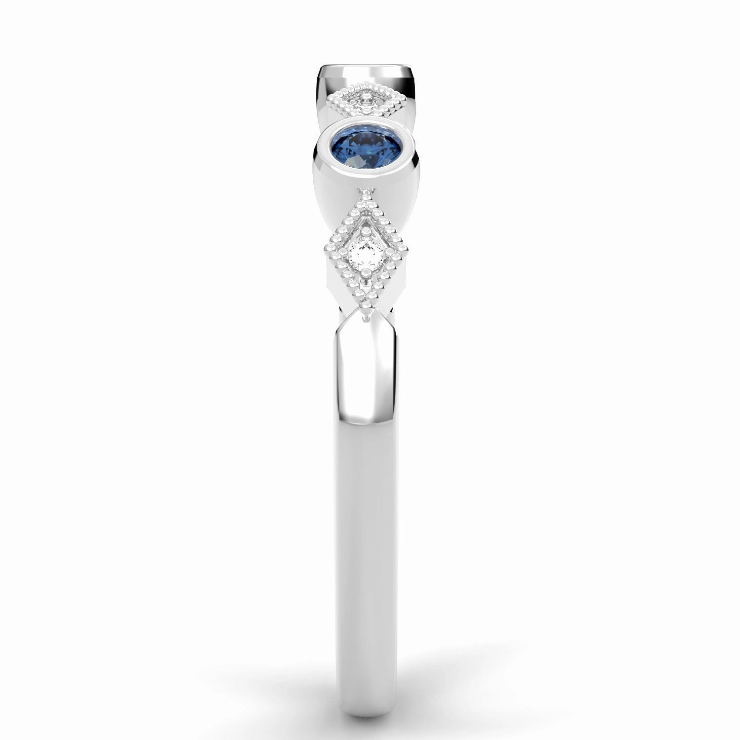 Bezel Set Round Sapphire and Kite Set Diamond Stackable Wedding Band