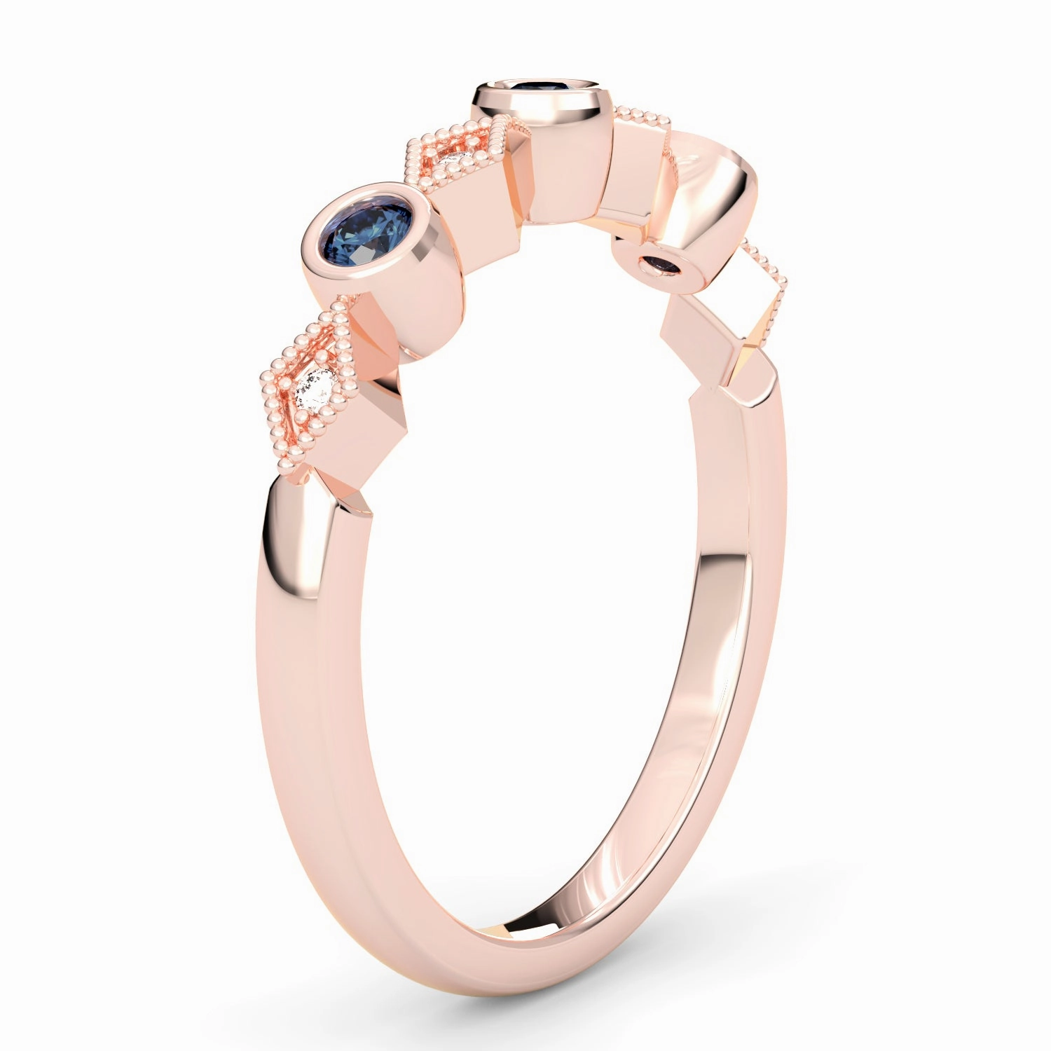 Bezel Set Round Sapphire and Kite Set Diamond Stackable Wedding Band