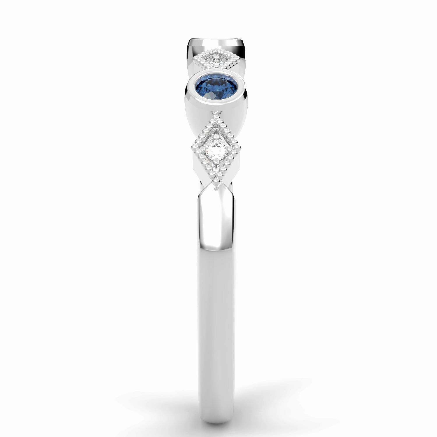 Bezel Set Round Sapphire and Kite Set Diamond Stackable Wedding Band