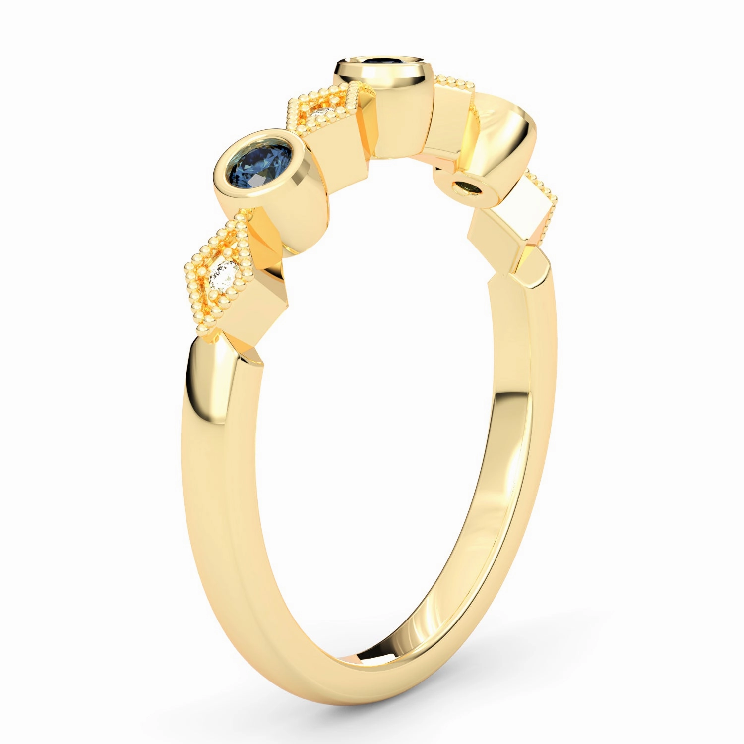 Bezel Set Round Sapphire and Kite Set Diamond Stackable Wedding Band