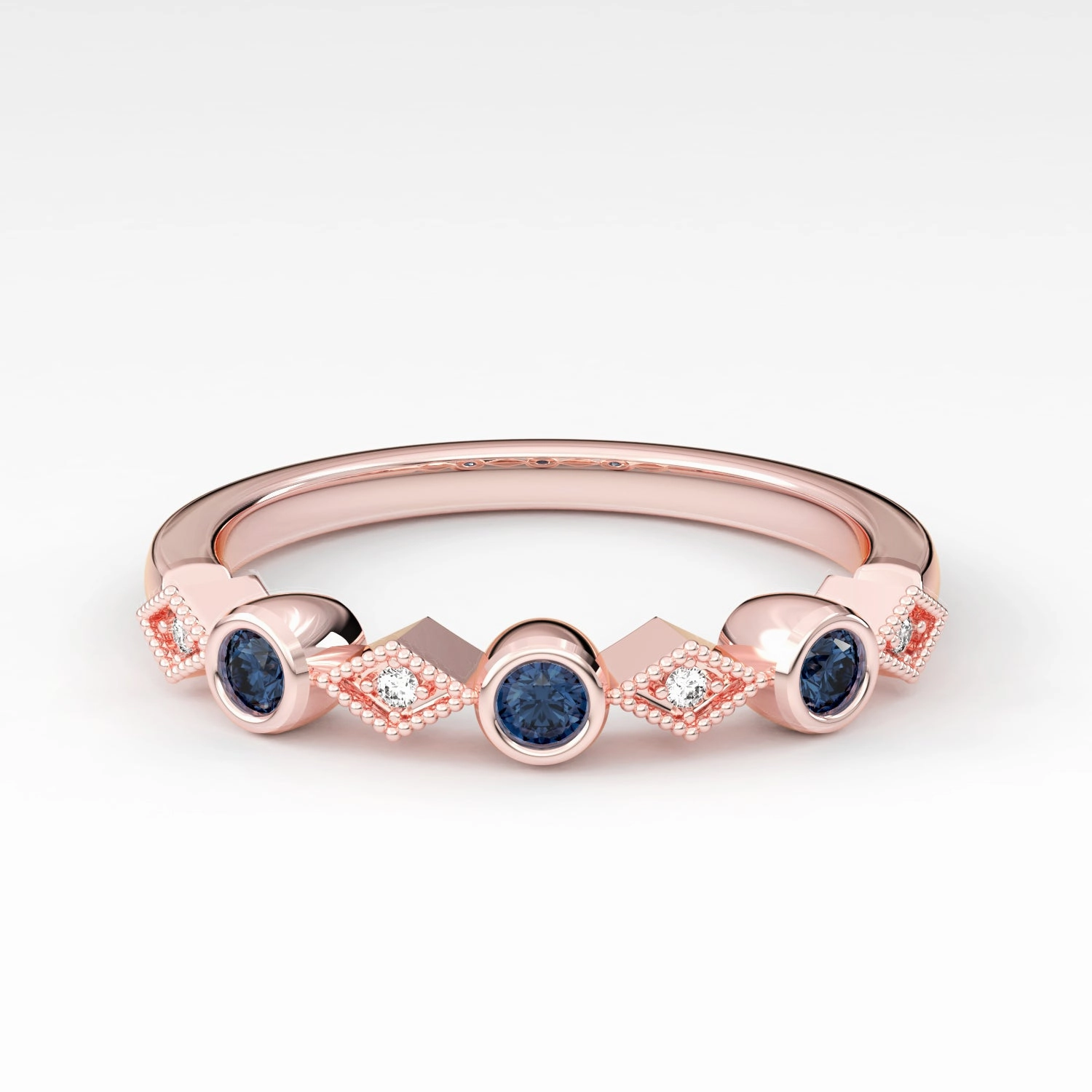 Bezel Set Round Sapphire and Kite Set Diamond Stackable Wedding Band