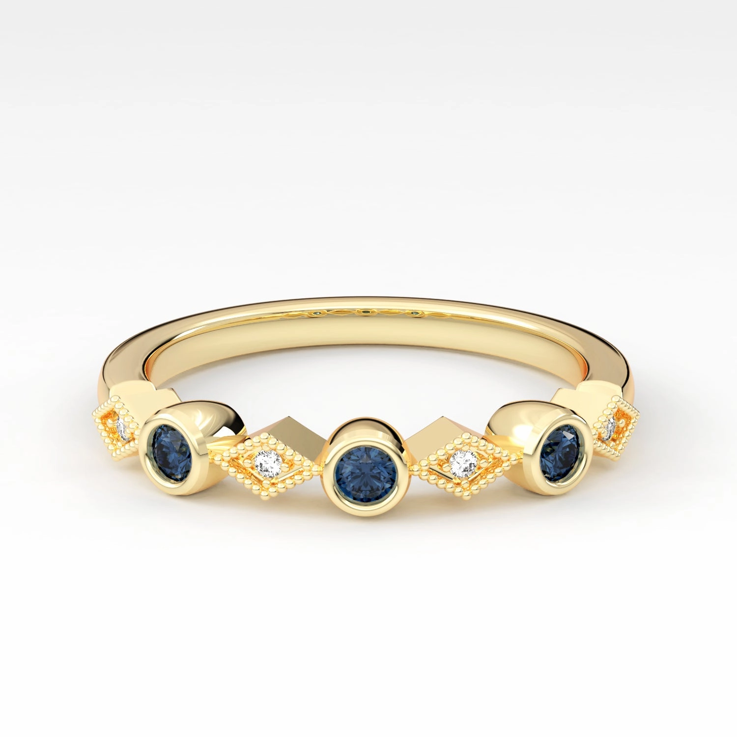 Bezel Set Round Sapphire and Kite Set Diamond Stackable Wedding Band