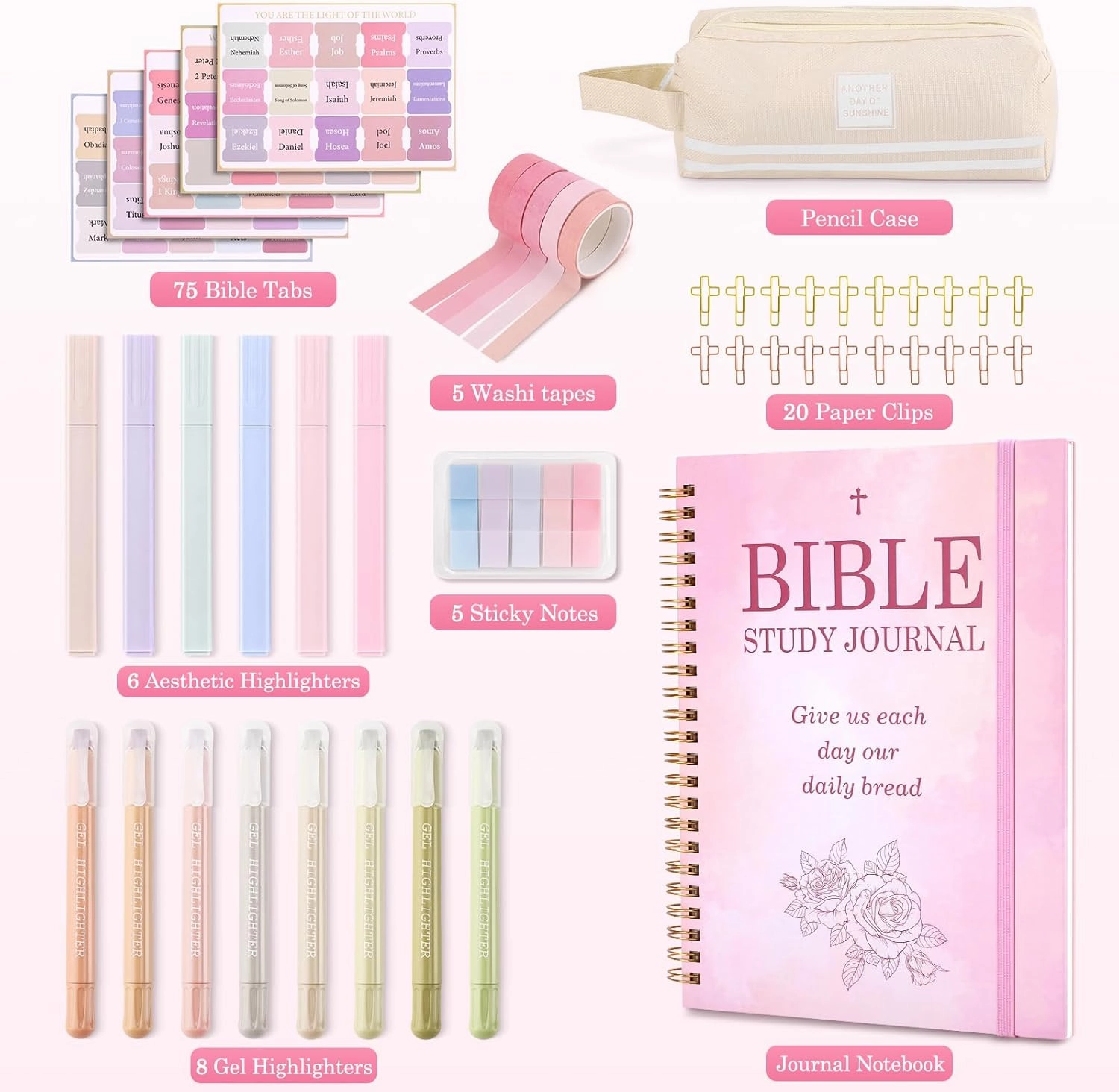 Bible Journaling Kit,Study Bible Journal Bible Highlighters and Pens No Bleed,Bible Study Supplies Study Bible for Women,Special Pencil Case with Bible Tabs,Bible Accessories Christian Gifts for Women