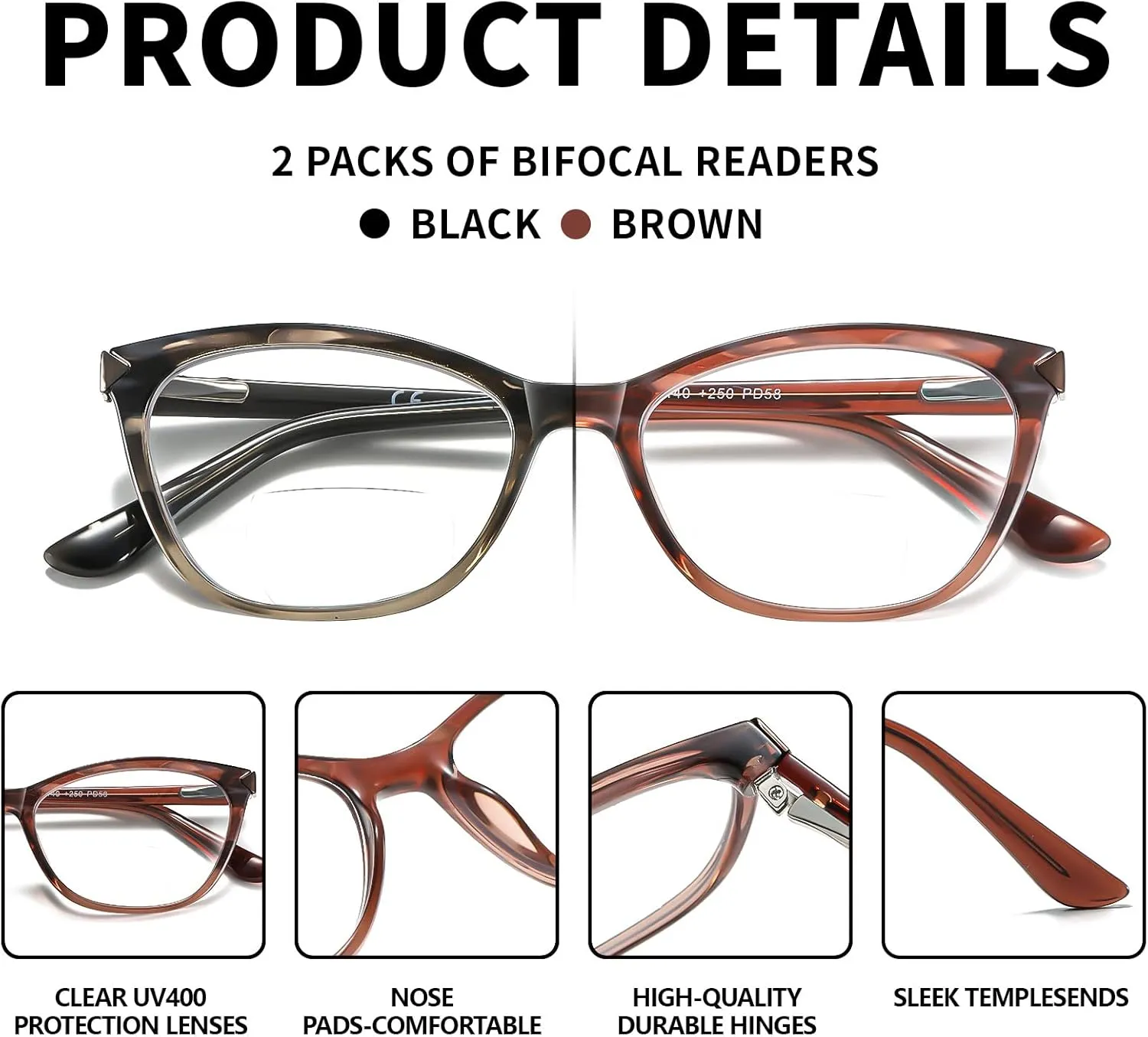 Bifocal Reading Glasses Women Cat Eye Blue Light Blocking Computer Reader Clear Top No Line Transition Ladies Eyewear