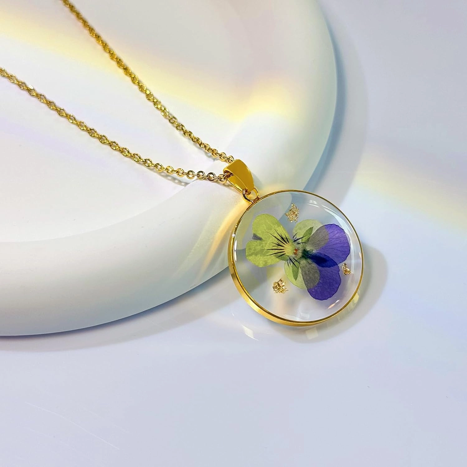 Birth Flower Necklaces For Women - Violet February Month Flower Necklace - Handmade Pressed Flower Necklace - Unique Holiday Gift - Gold 18"